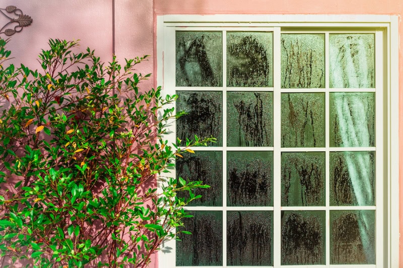 Don't Let Your Home Sweat It Out: A Pennsylvania Guide to Humidity Control. Glass door with condensation and a tree, high humidity. Texture of water on a glass. Phenomenon of nature and exterior concept.